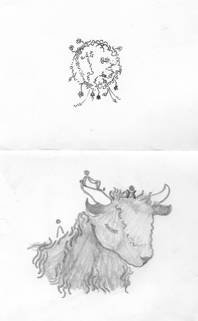 graphite drawing of a bull with tiny people on it